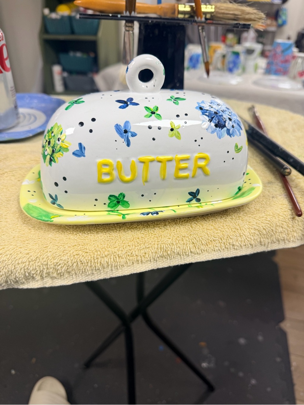 Hand-Painted by ME! Ceramic Butter Dish - White with Yellow & Blue Floral